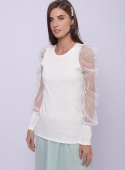 Блузка Белая трикотажная блузка с прозрачными рукавами от Liqui