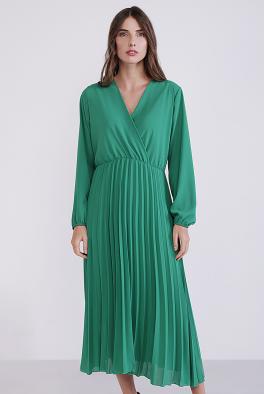 Платье Плиссированное платье с V-образным вырезом Coolples Moda зеленое