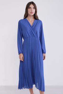 Платье Плиссированное платье с V-образным вырезом Coolples Moda синее