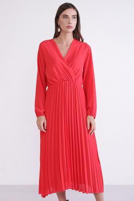 Платье Плиссированное платье с V-образным вырезом Coolples Moda красное